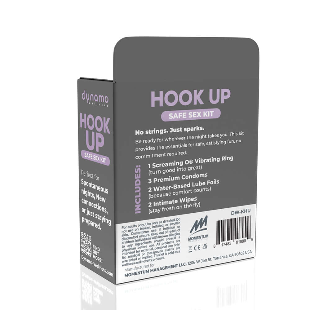 Dynamo Wellness Hook Up Intimacy Kit packaging featuring safe sex essentials for spontaneous moments.