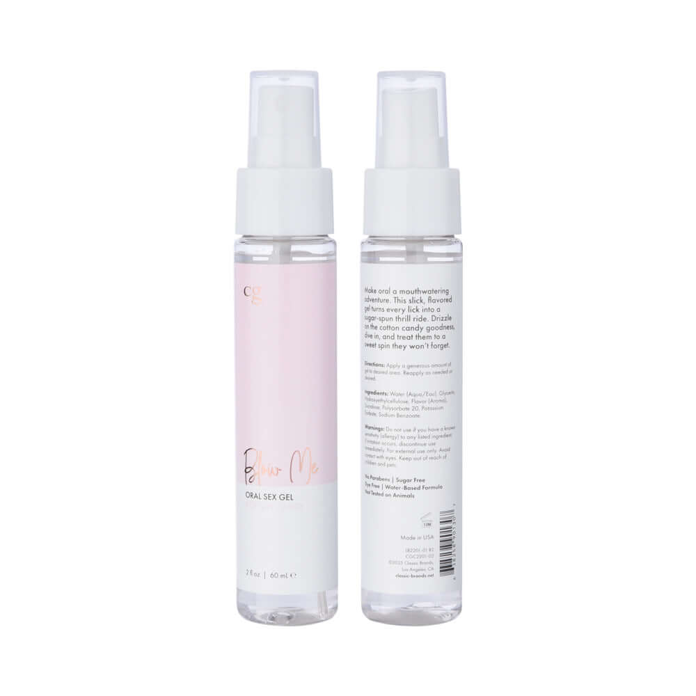 CG Blow Me Oral Sex Gel Cotton Candy 2 Oz packaging front and back views, showcasing a flavorful pleasure product.
