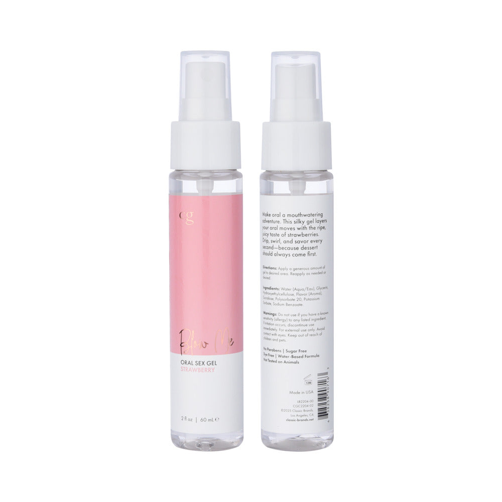 CG Blow Me Oral Sex Gel Strawberry 2 Oz bottle showcasing the sweet strawberry flavor for enhanced pleasure.