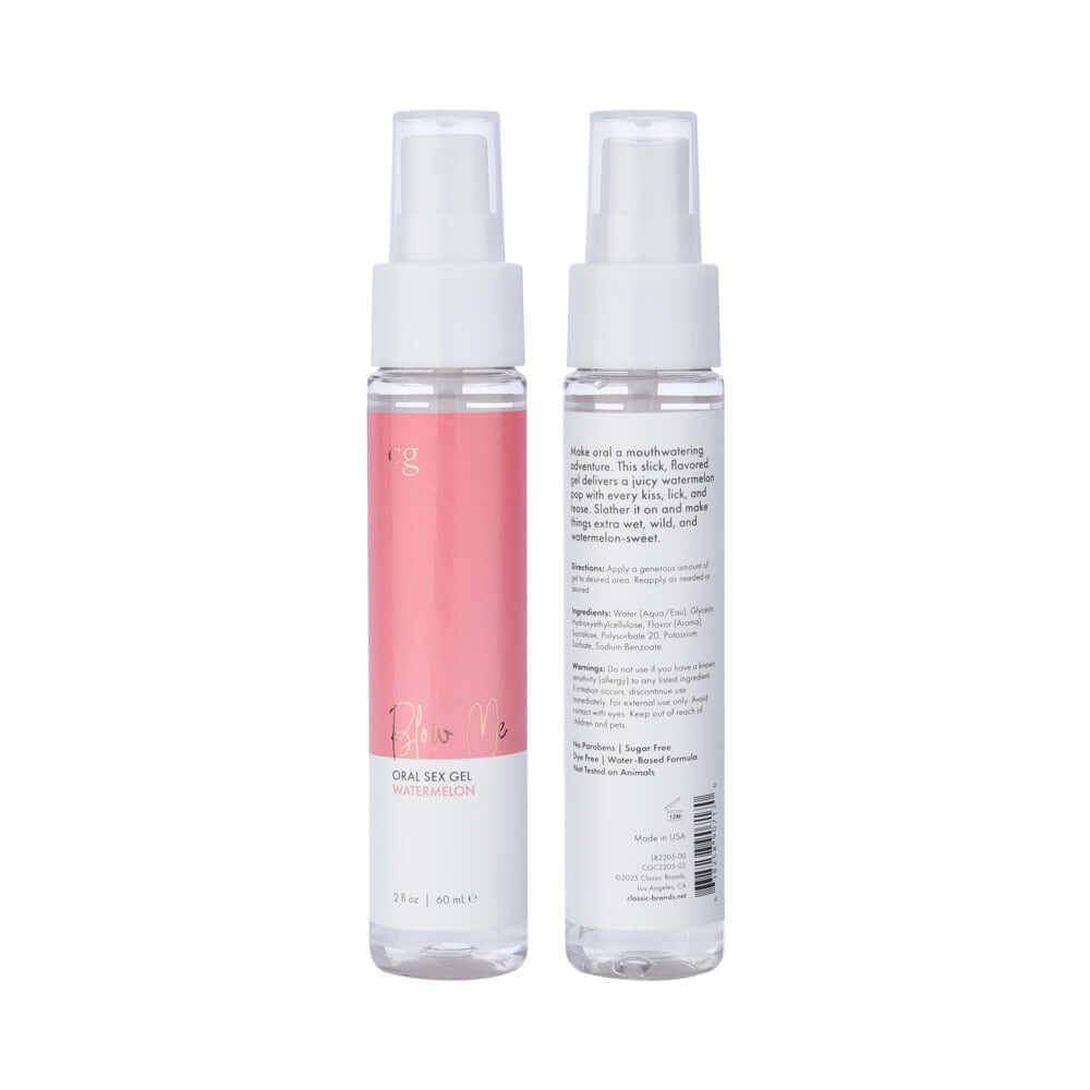 CG Blow Me Oral Sex Gel Watermelon 2 Oz bottle showing front and back labels.
