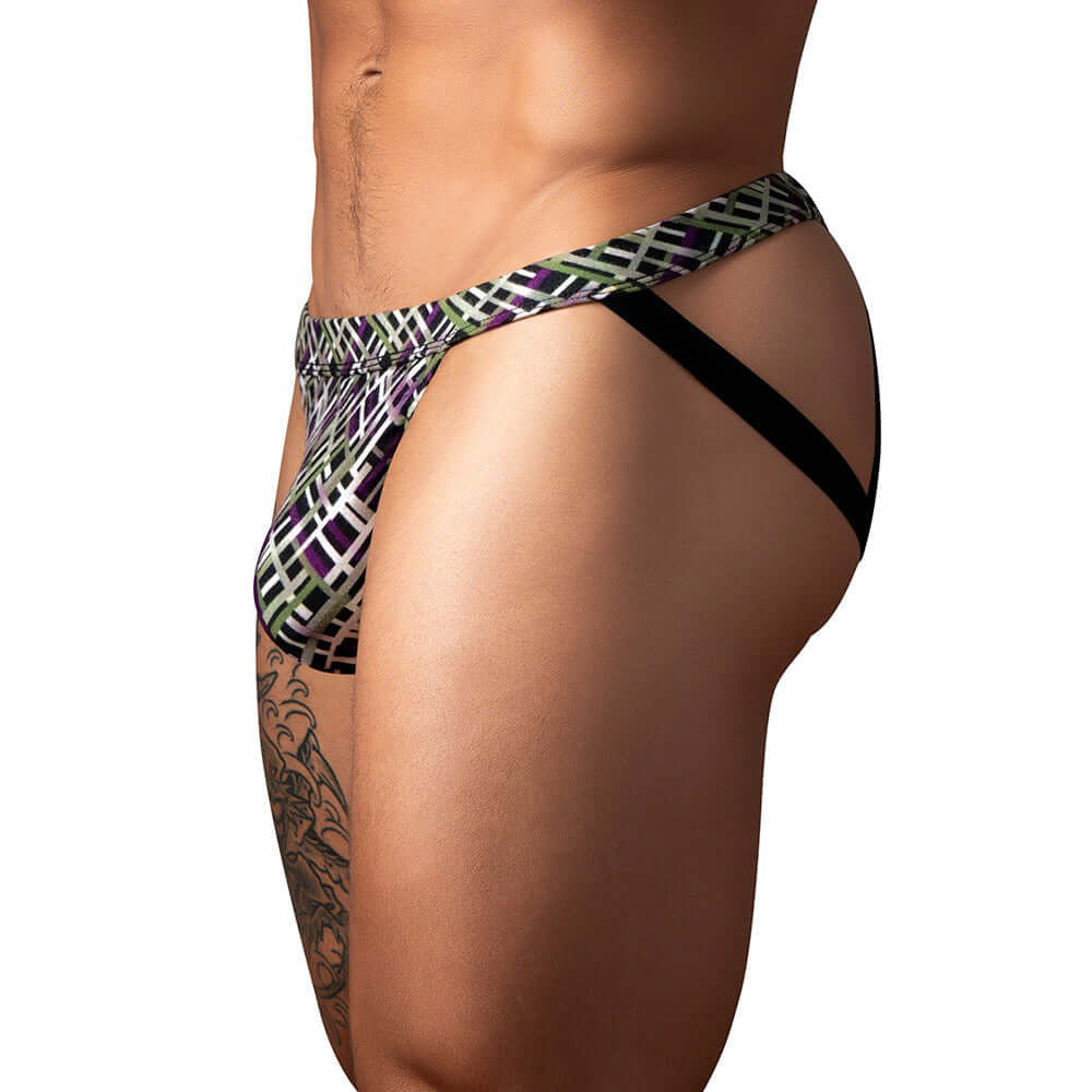 Male Power Gridlock D Jock With Strap Print L XL worn by a model showcasing its geometric design and supportive fit.