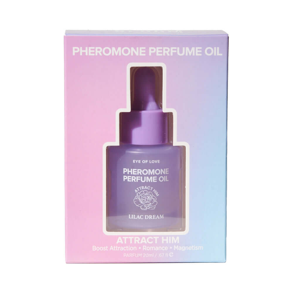 Eye of Love Pheromone Perfume Oil 0.67 Oz Dropper Lilac Dream in a stylish box, designed to attract him effortlessly.