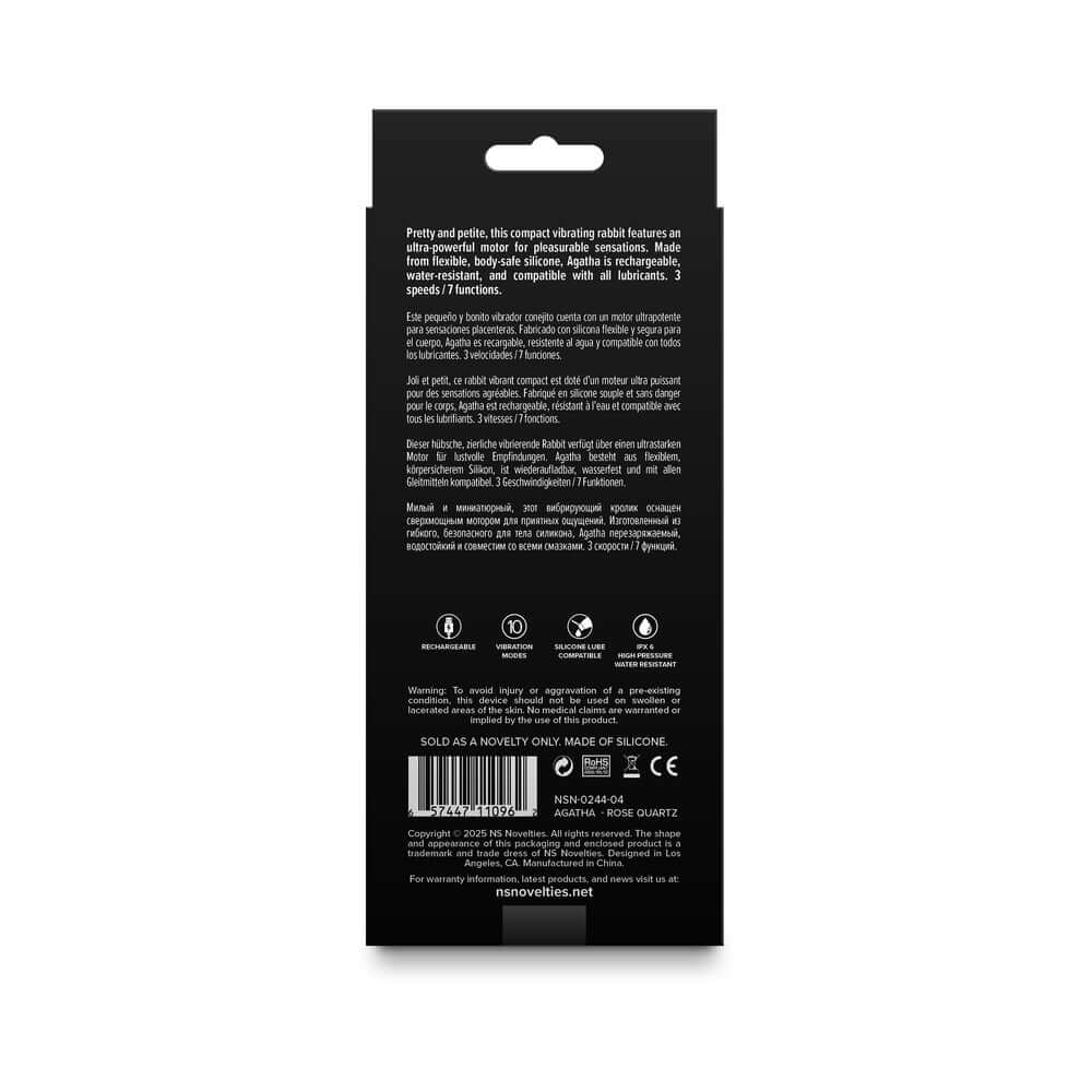 Back packaging of Gold-n-Dreams Agatha Rabbit Vibrator Rose Quartz with product details and instructions.