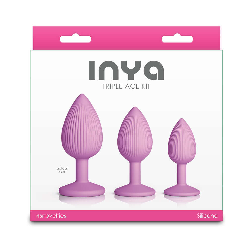 INYA Triple Ace Plug Kit Blush set of three silicone anal plugs in packaging with actual size label
