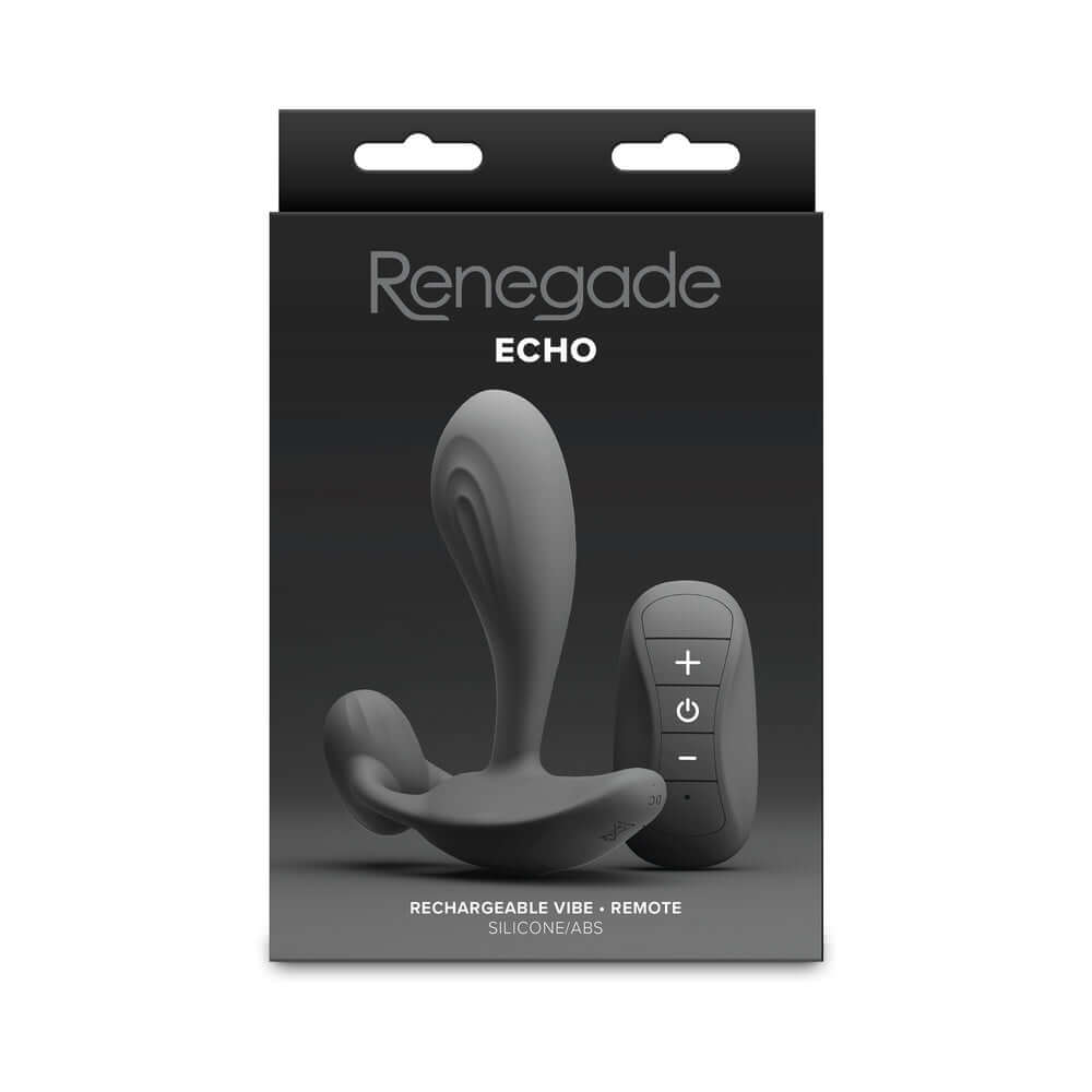 Renegade Echo Prostate Massager Black packaging with remote control, showcasing sleek design and powerful features.