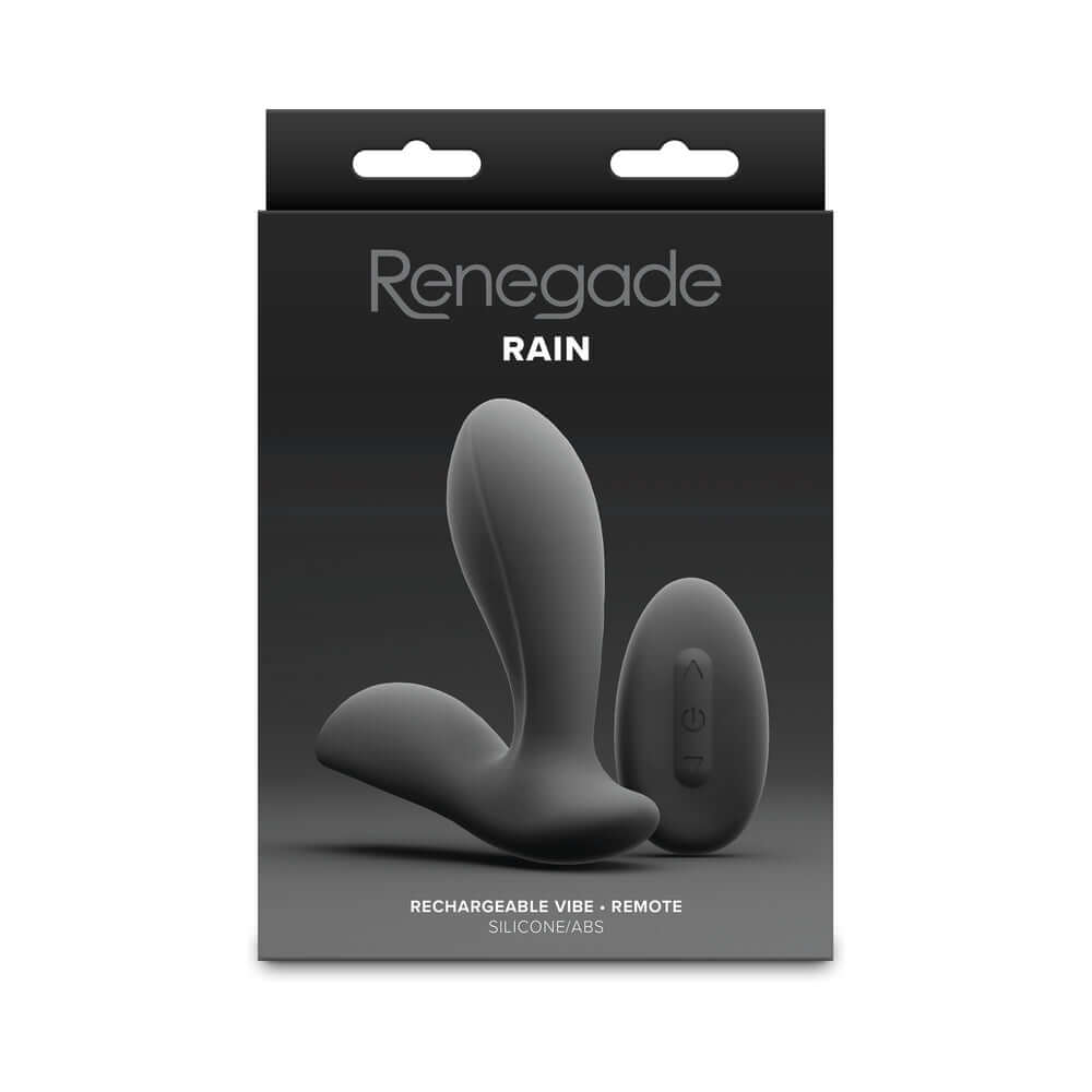 Renegade Rain Prostate Massager with Remote Control Black packaging featuring a sleek silicone design.