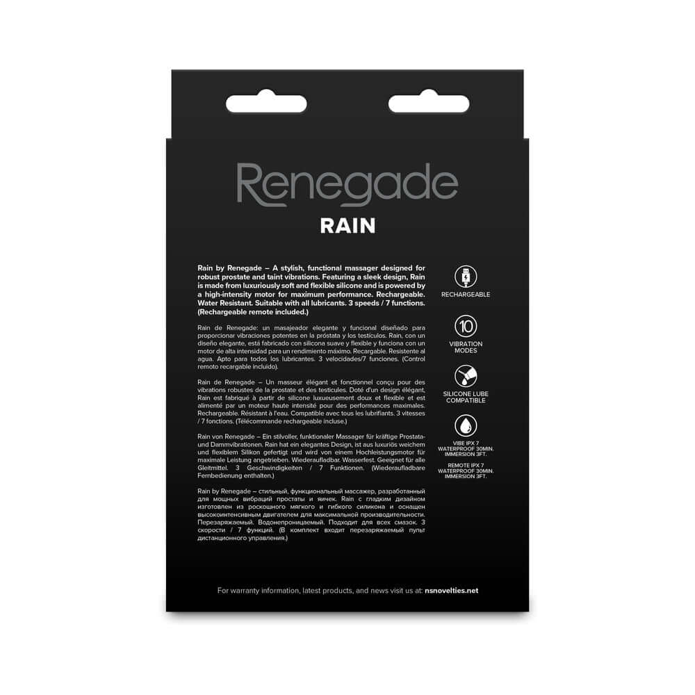 Renegade Rain Prostate Massager with Remote Control Black packaging back view showcasing features and specifications.