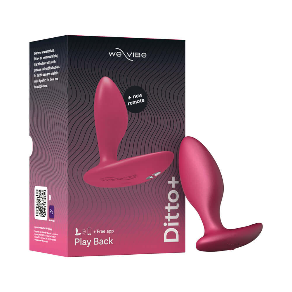 We-Vibe Ditto Plus Remote Control Vibrating Anal Plug Pink with packaging showing app capabilities and design.