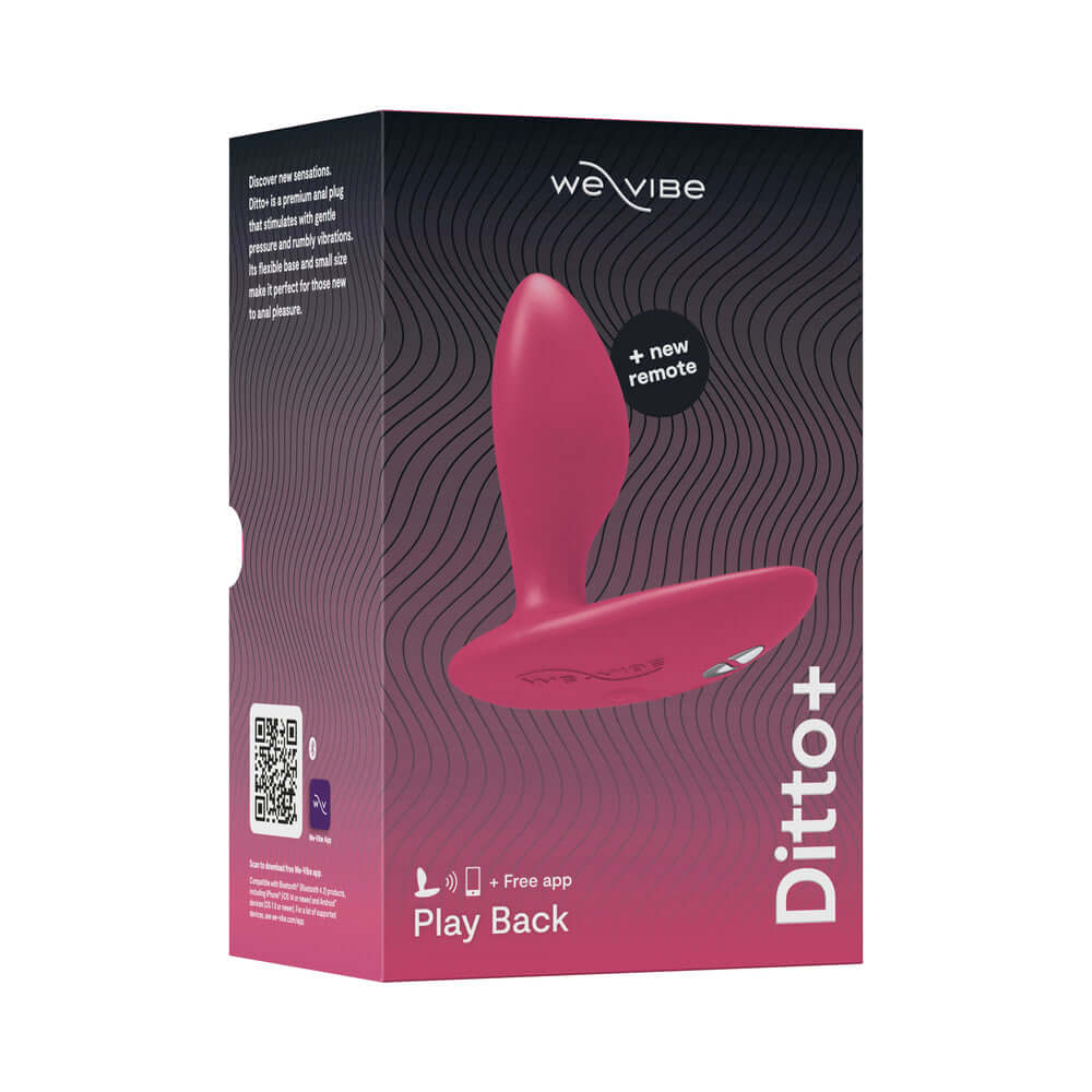 We-Vibe Ditto Plus Remote Control Vibrating Anal Plug Pink packaging with app access and new remote features.