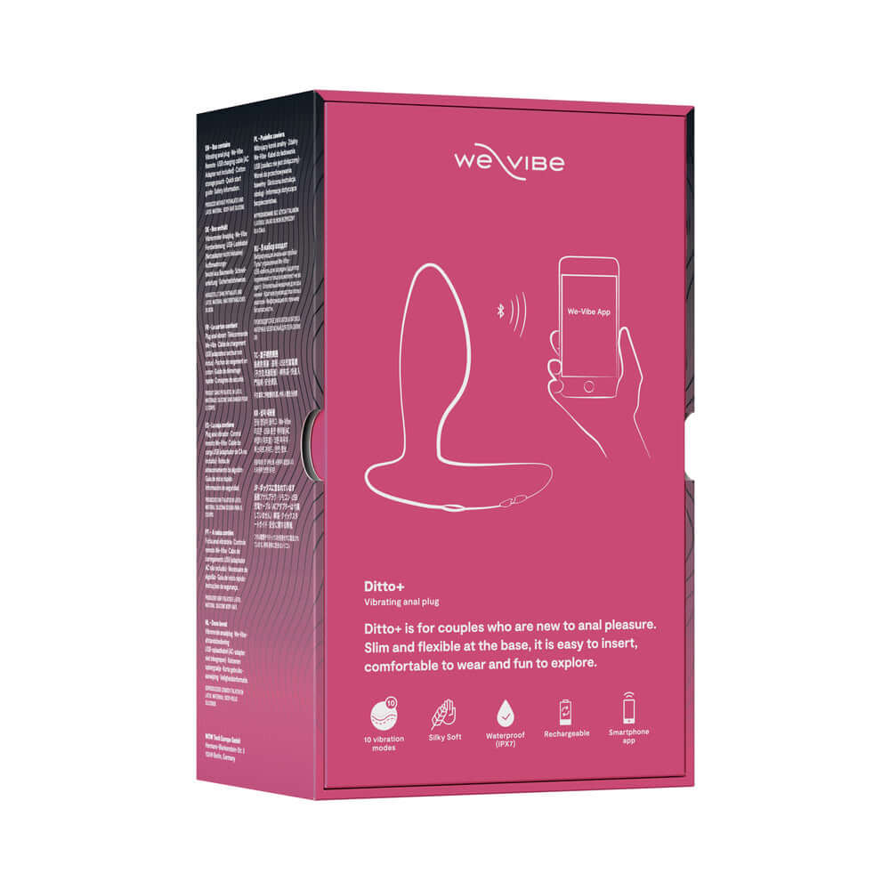 We-Vibe Ditto Plus Remote Control Vibrating Anal Plug Pink packaging displaying features and remote functionality.