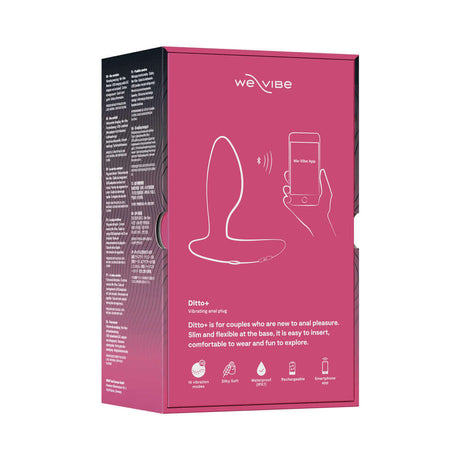 We-Vibe Ditto Plus Remote Control Vibrating Anal Plug Pink packaging displaying features and remote functionality.