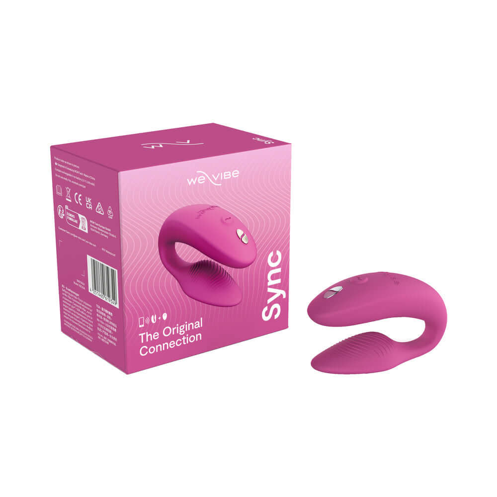 We-Vibe Sync 2 Remote Control Couples Vibrator Rose in packaging with product design and features highlighted.