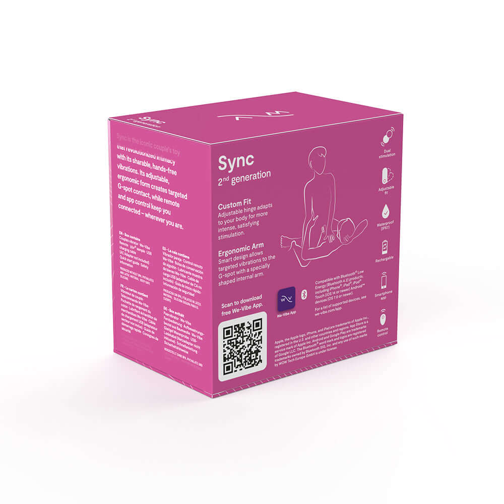 We-Vibe Sync 2 Remote Control Couples Vibrator Rose packaging showing features and benefits of the couples vibrator.
