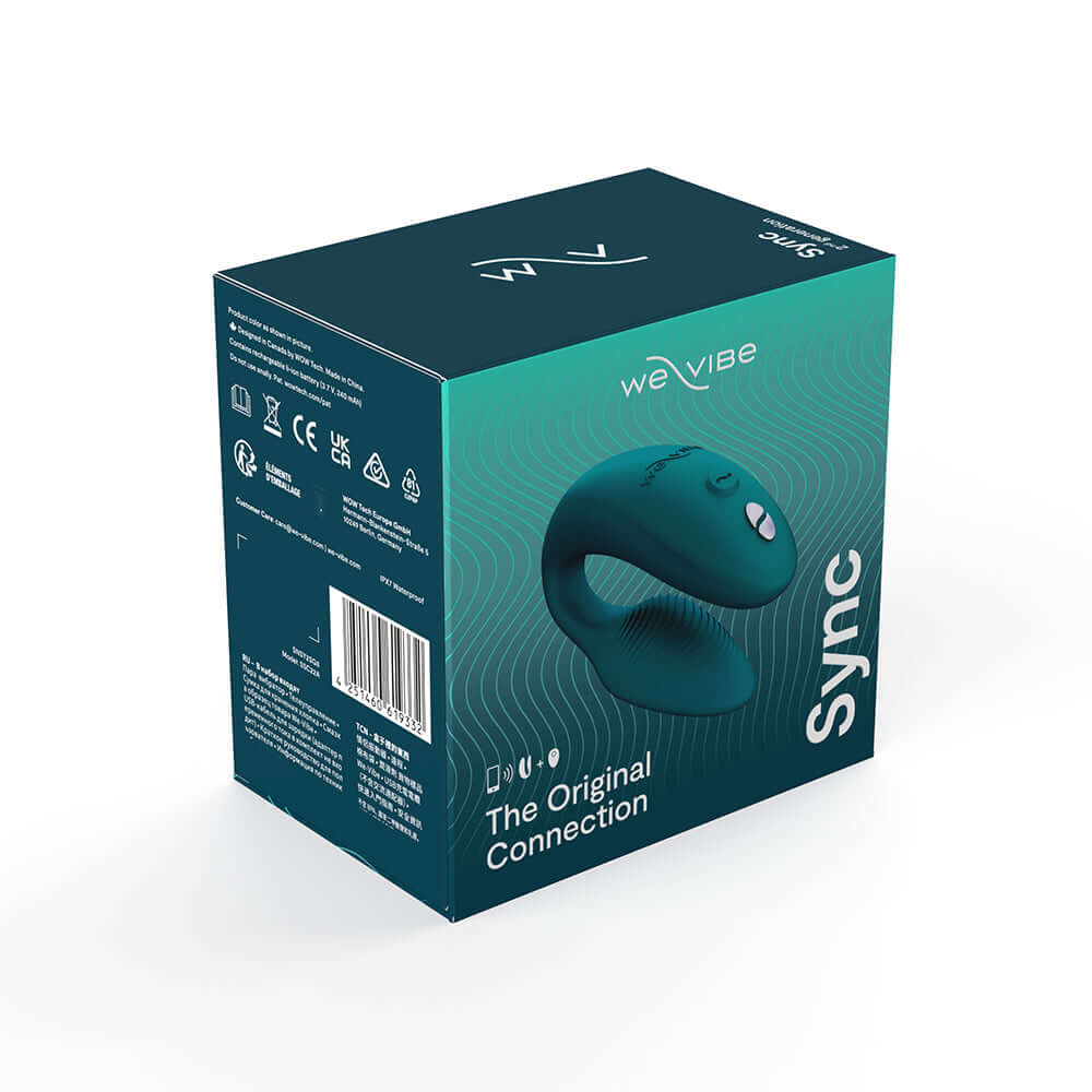 We-Vibe Sync 2 Remote Control Couples Vibrator Green Velvet packaging showing the innovative design and features.