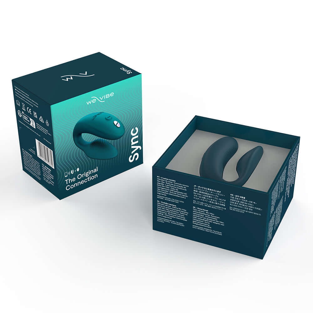 We-Vibe Sync 2 Remote Control Couples Vibrator Green Velvet packaging displayed in an open box showing the product.