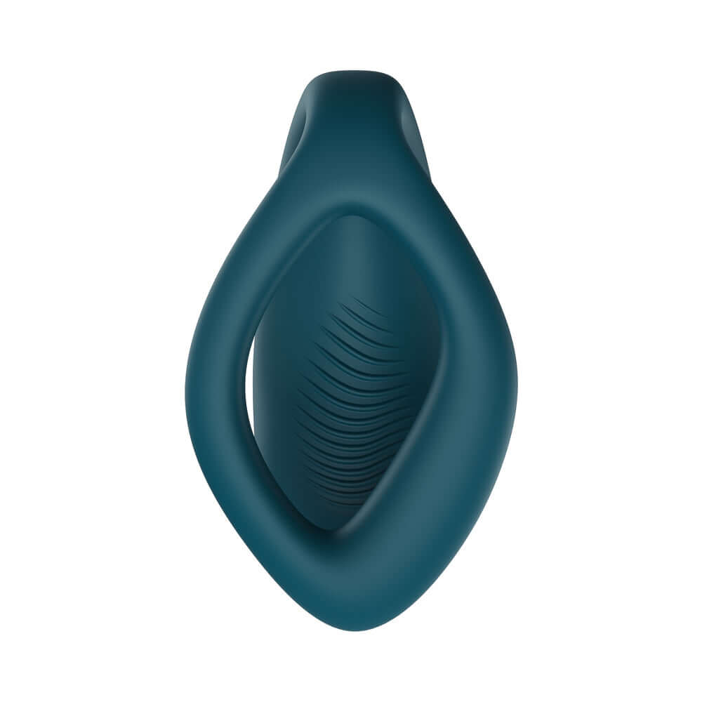 We-Vibe Sync O Remote Control Couples Vibrator Velvet Green from above, showcasing its innovative design and texture.