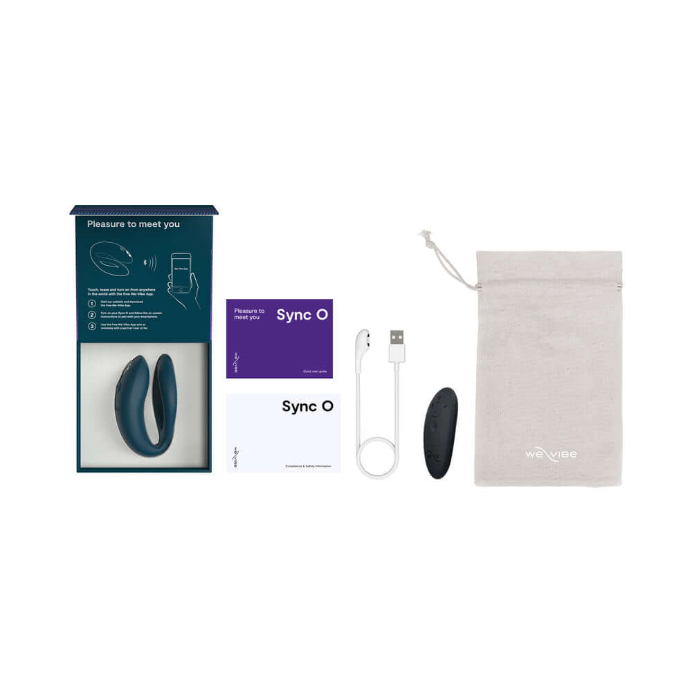 We-Vibe Sync O Remote Control Couples Vibrator Velvet Green packaging, user manuals, charging cable, and storage pouch.