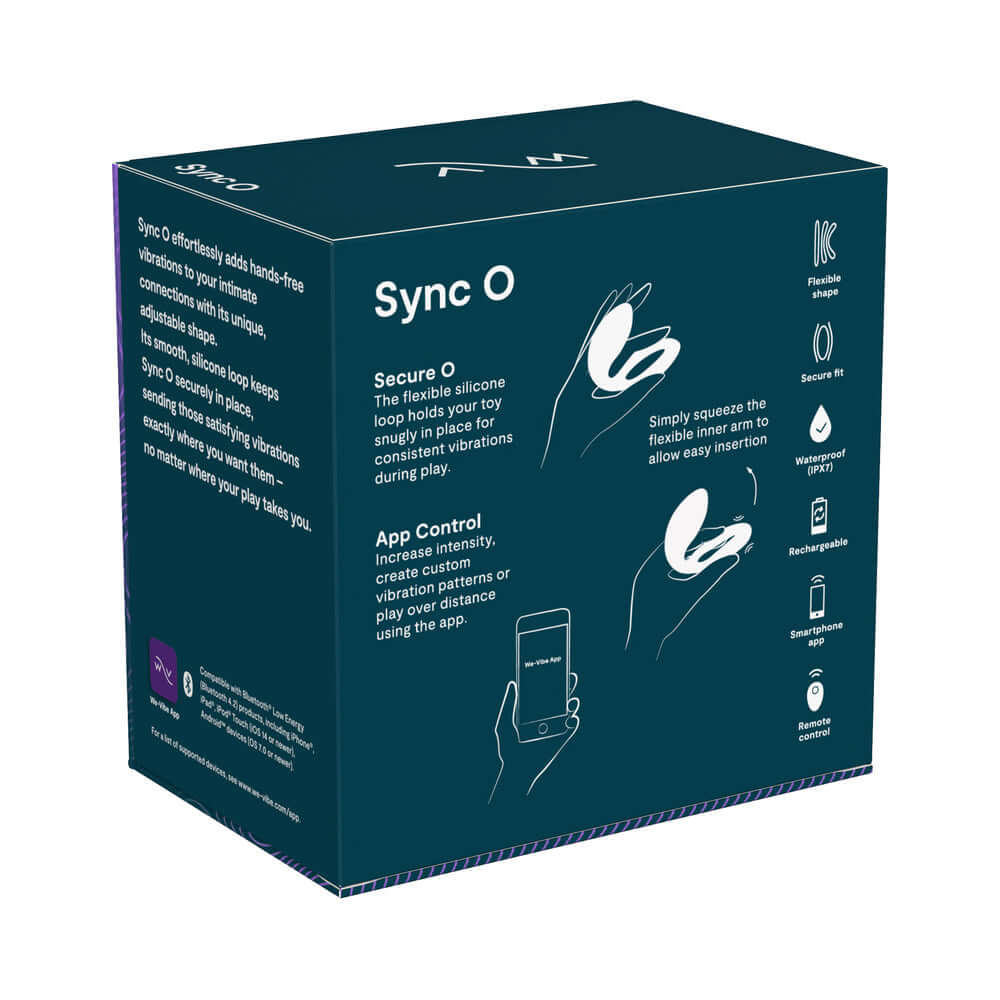 We-Vibe Sync O Remote Control Couples Vibrator Velvet Green product packaging with features highlighted.
