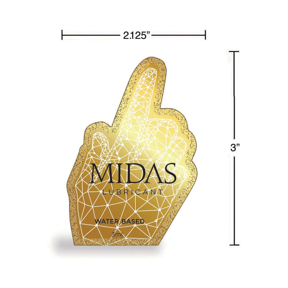 Midas Waterbased Lube 3 ml Pouch with a gold geometric design and water-based label.