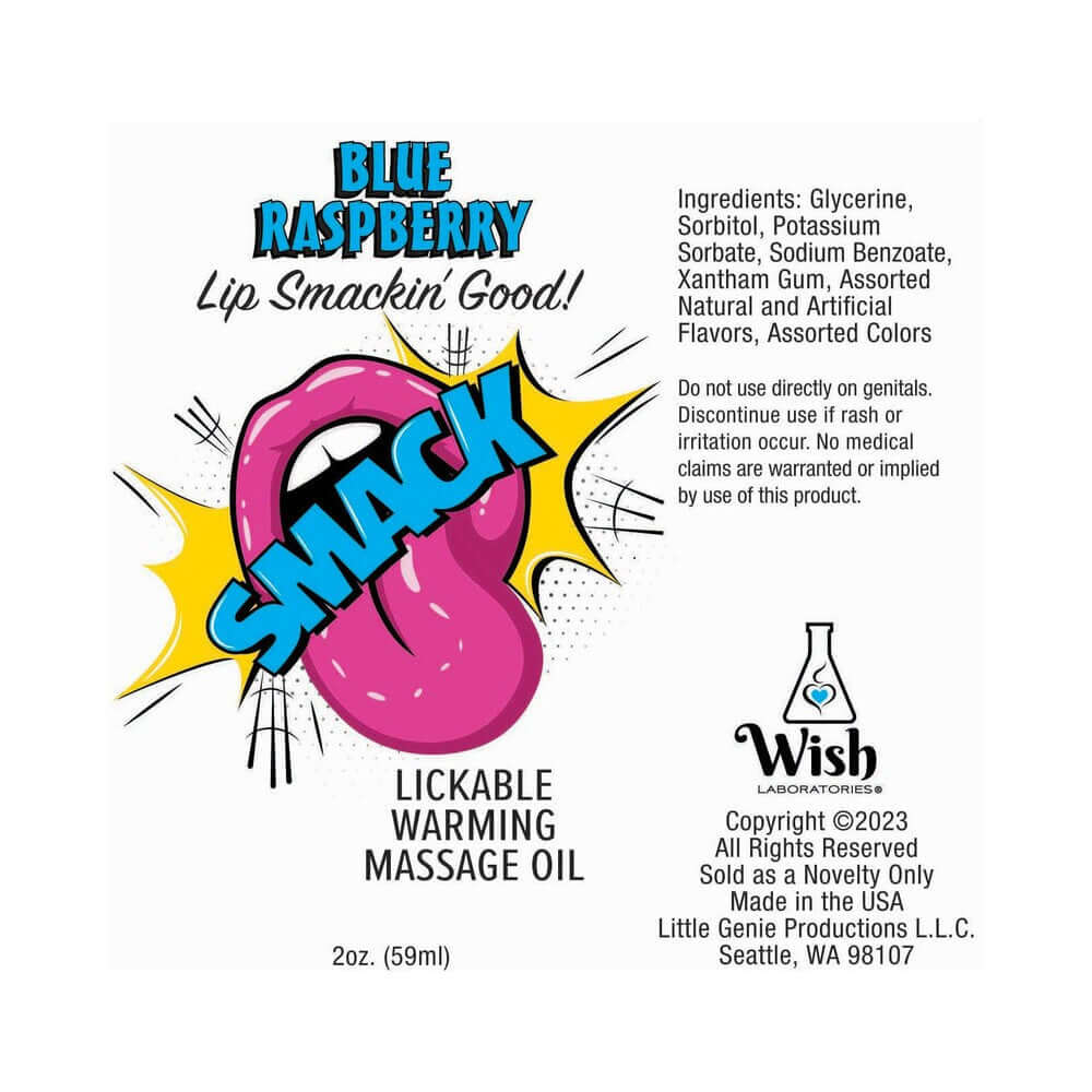 Smack Lickable Massage Oil 3 ml Pouch Blue Raspberry product label with ingredients and usage info.