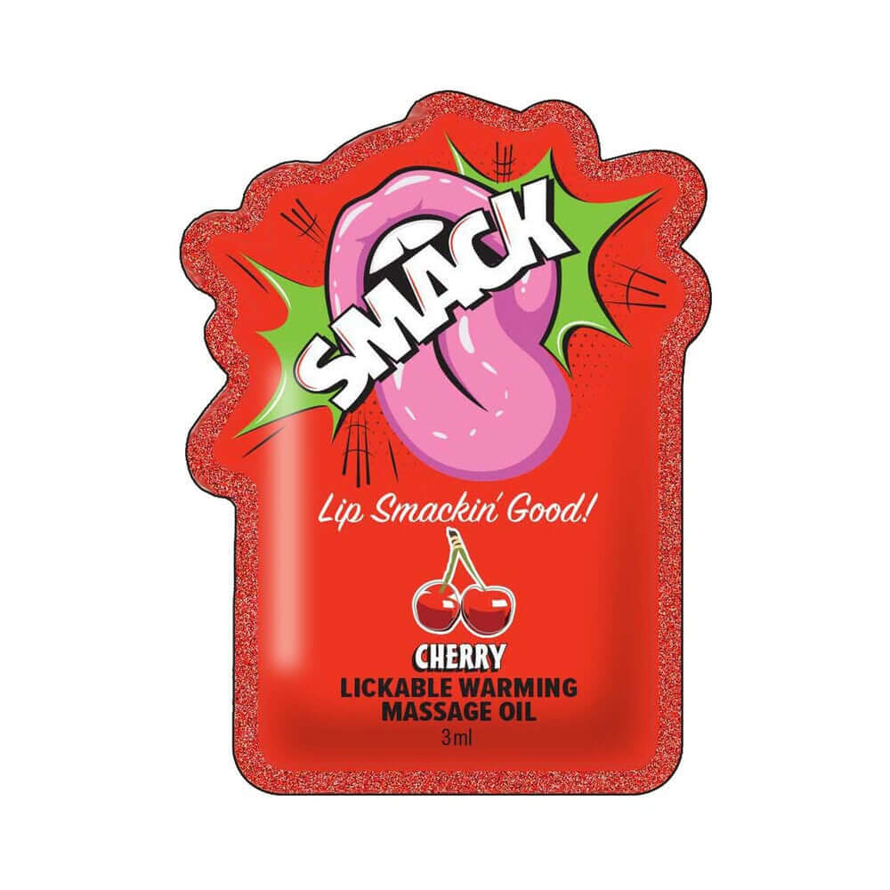 Smack Lickable Massage Oil 3 ml Pouch Cherry packaging featuring cherry flavor and fun graphics.