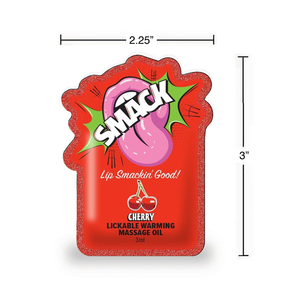 Smack Lickable Massage Oil 3 ml Pouch Cherry packaging with dimensions, featuring a cherry flavor and a colorful label.