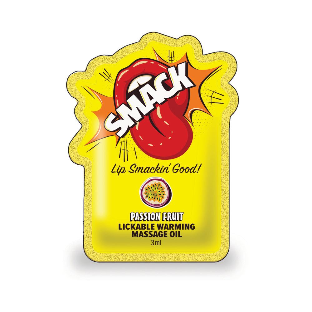 Smack Lickable Massage Oil 3 ml Pouch Passion Fruit packaging featuring vibrant design and flavor details.