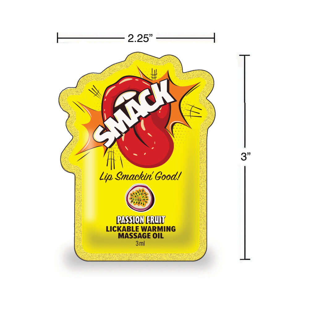 Smack Lickable Massage Oil 3 ml Pouch Passion Fruit packaging with vibrant colors and dimensions 2.25 x 3 inches.