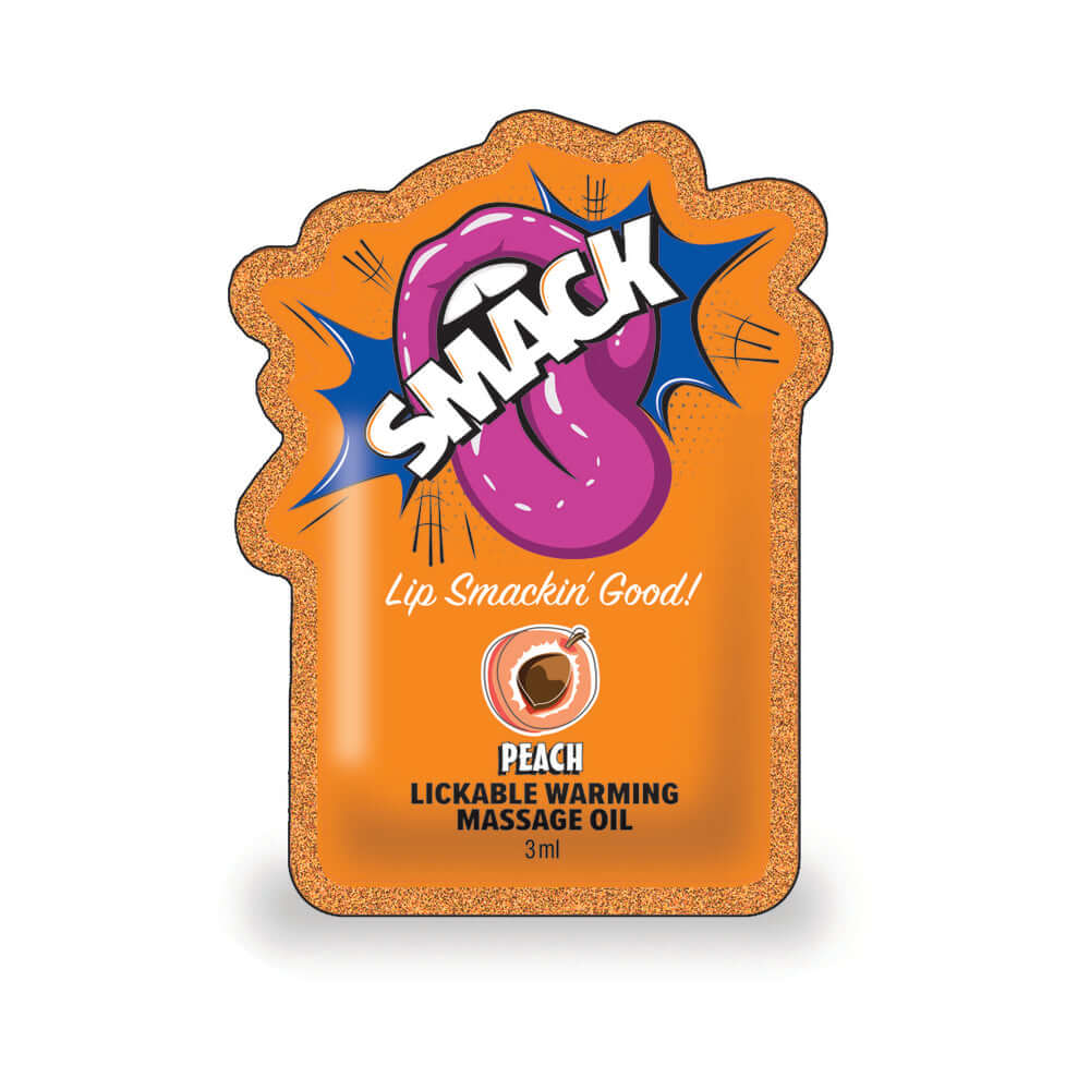 Smack Lickable Massage Oil 3 ml Pouch Peach featuring vibrant packaging and playful design, showcasing its peach flavor.