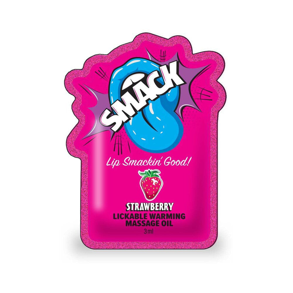 Smack Lickable Massage Oil 3 ml Pouch Strawberry with vibrant packaging showcasing strawberry flavor and fun design.