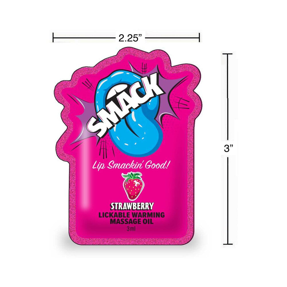 Smack Lickable Massage Oil 3 ml Pouch Strawberry with vibrant packaging showing strawberry flavor and playful design.