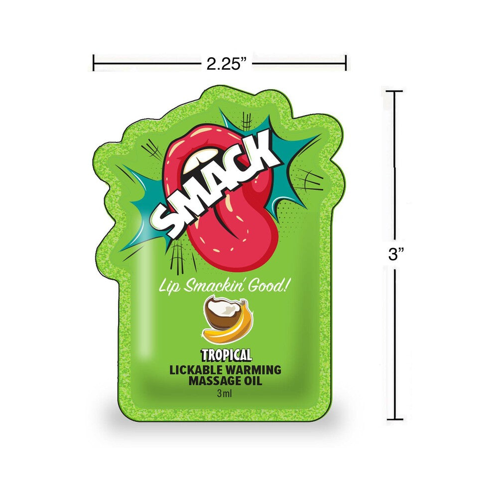 Smack Lickable Massage Oil 3 ml Pouch Tropical with tropical fruit design and dimensions