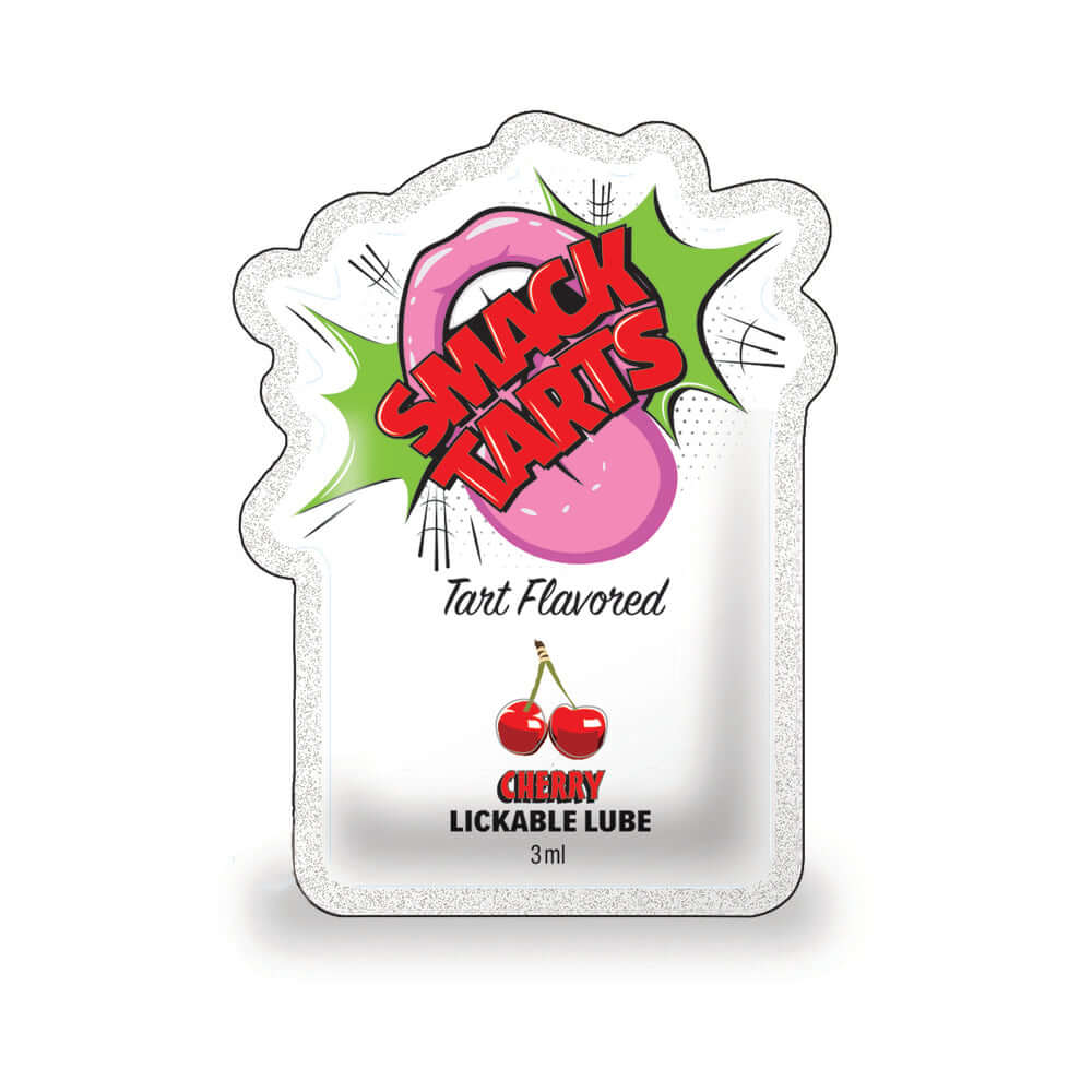 Smack Tarts Lickable Lube Sour Cherry 3 ml Pouch featuring vibrant packaging and tart cherry flavor for intimate fun.