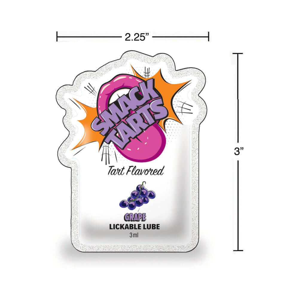 Smack Tarts Lickable Lube Sour Grape 3 ml Pouch with vibrant packaging and dimensions.