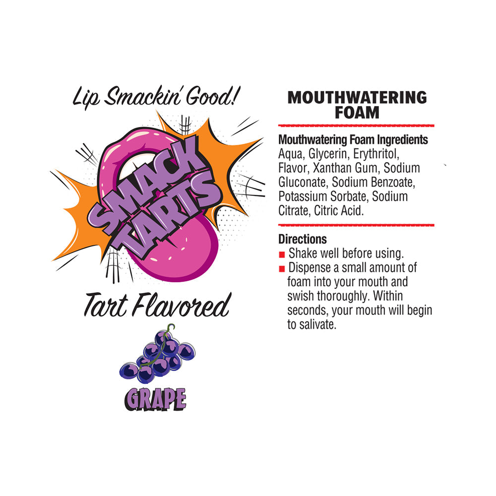 Smack Tarts Mouthwatering Foam Sour Grape 2.7 Oz packaging showing ingredients and usage instructions.