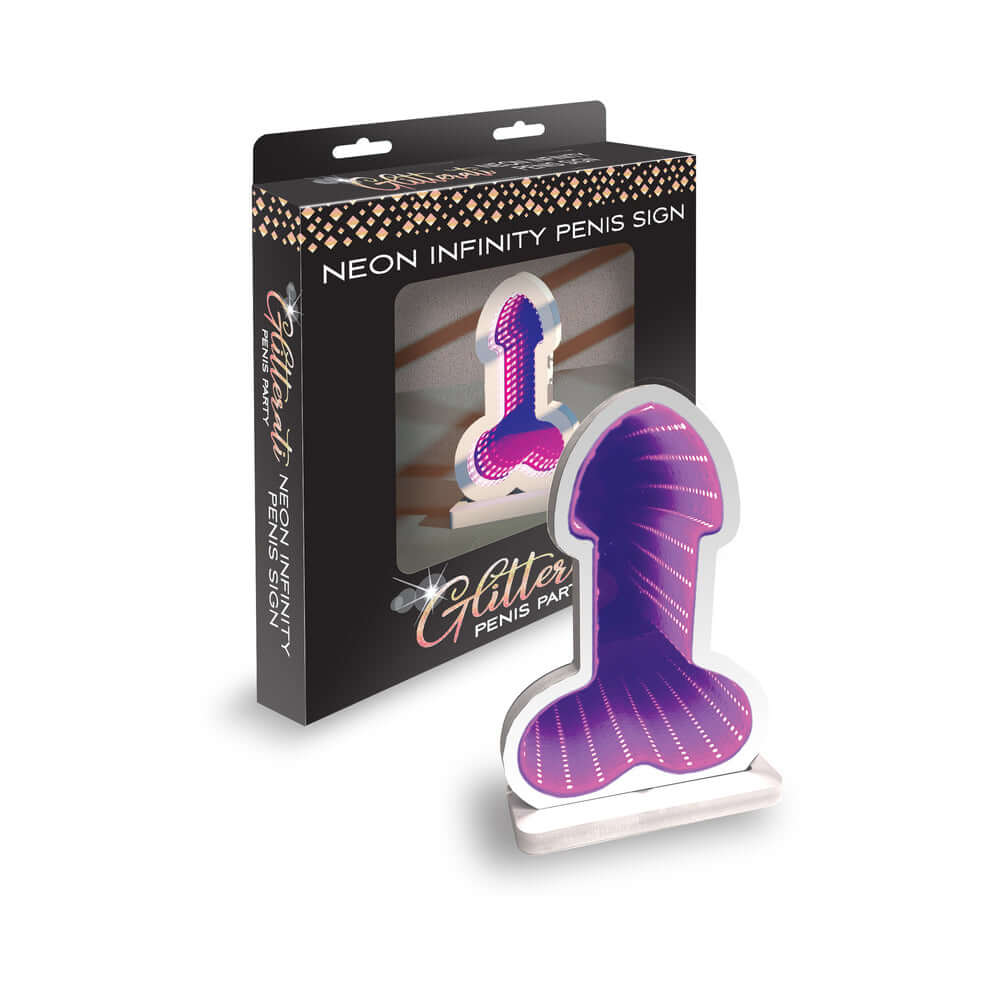 Glitterati Infinity Penis Led Light with neon design in packaging, vibrant colors and playful décor style.