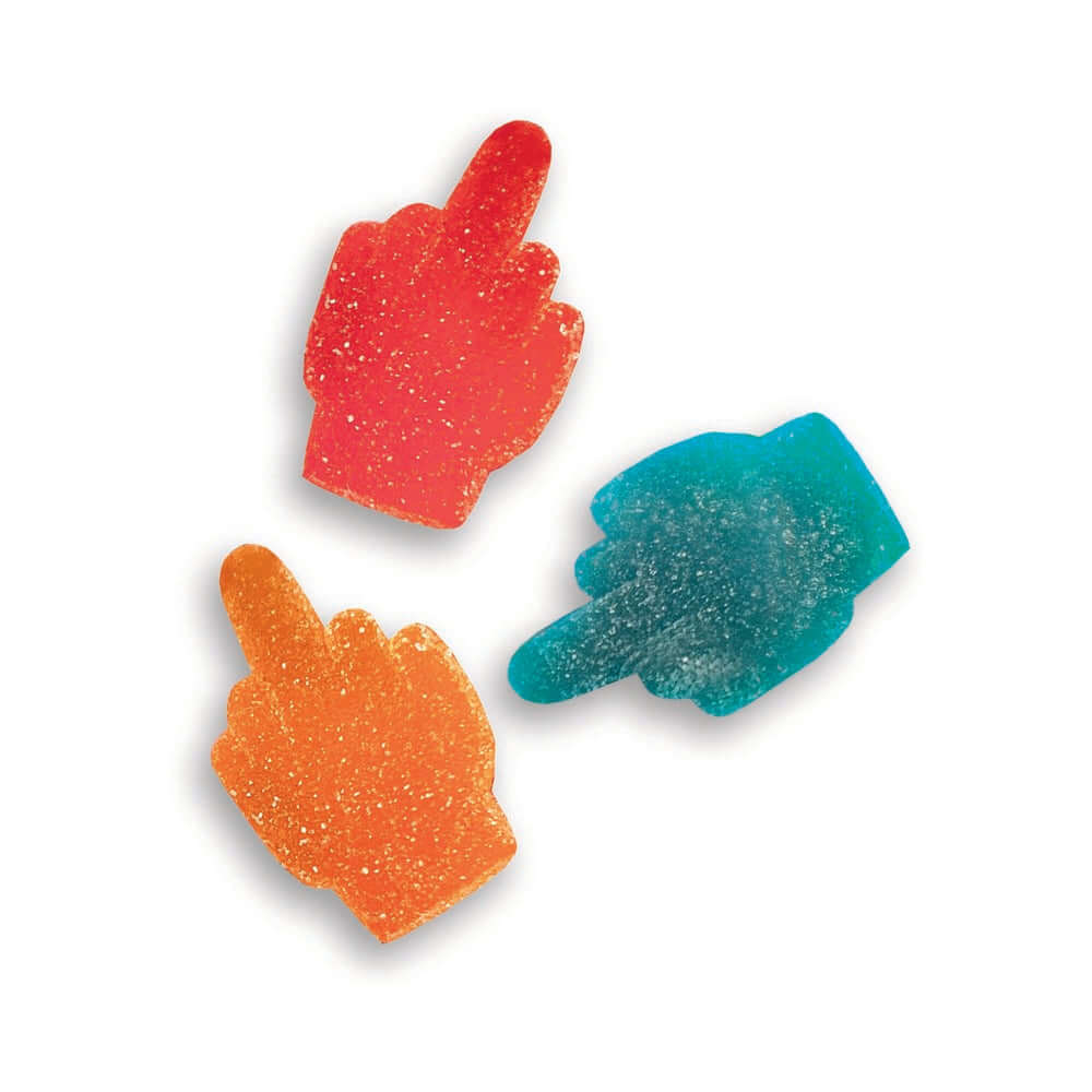 Bag of Fucks I Have To Give Sour Gummies in playful hand shapes, featuring colorful gummy candies.