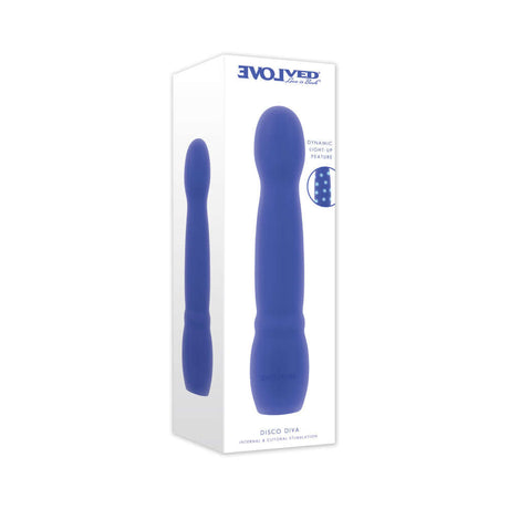 Evolved Disco Diva Blue Internal and Clitoral Stimulation vibrator packaging showcasing its sleek design.
