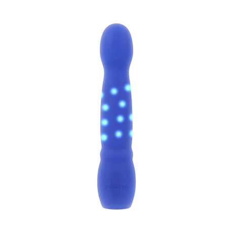 Evolved Disco Diva Blue Internal and Clitoral Stimulation vibrator with glowing blue lights and smooth design.