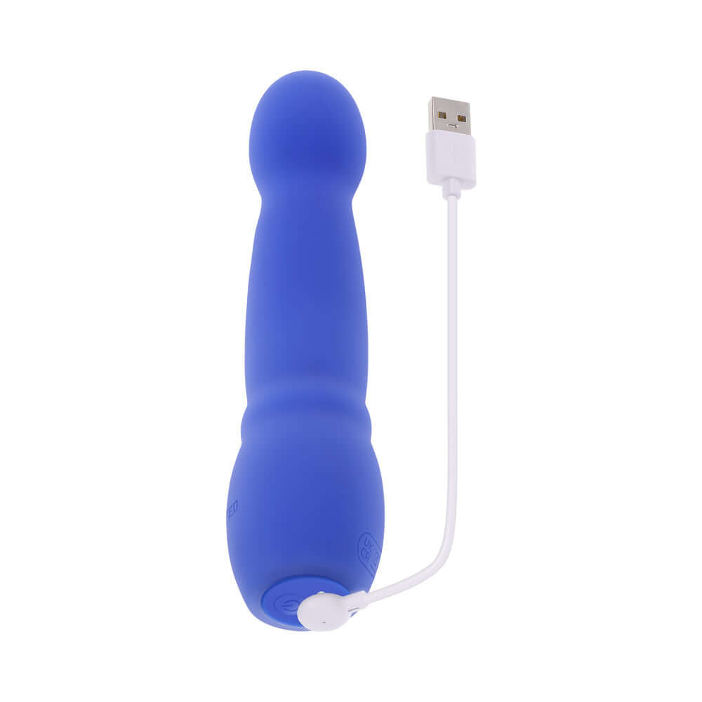 Evolved Disco Diva Blue Internal and Clitoral Stimulation vibrator with USB charging cable, featuring a sleek blue design.