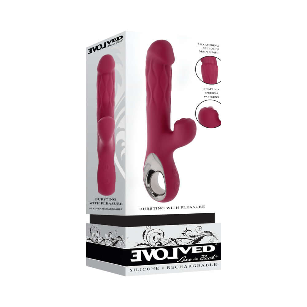 Evolved Bursting With Pleasure Vibrator Burgundy on display, featuring dual-action vibrational design and sleek silicone finish.