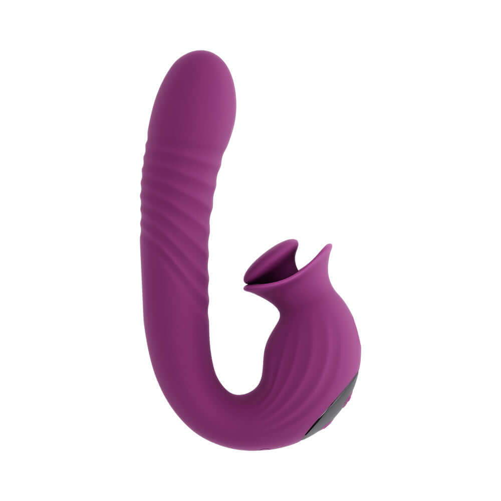 Evolved Deep Ecstasy Wild Aster G-spot Clitoral Stimulation vibrator in purple with ribbed design and open-mouth stimulator.