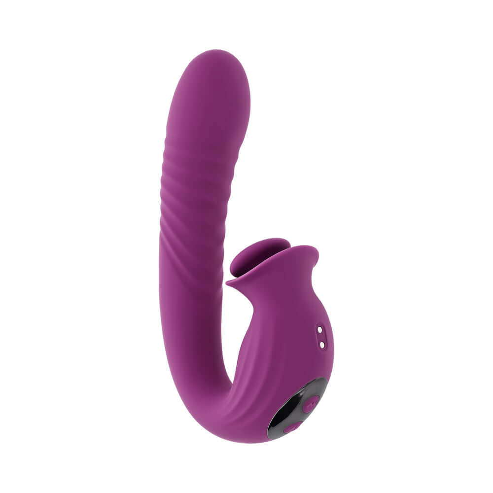 Evolved Deep Ecstasy Wild Aster G-spot Clitoral Stimulation vibrator in purple with ribbed shaft and clitoral stimulator.