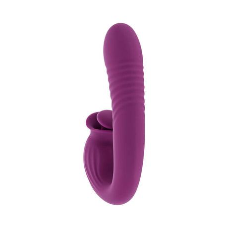 Evolved Deep Ecstasy Wild Aster G-spot Clitoral Stimulation vibrator in purple with ribbed shaft and clitoral stimulator.