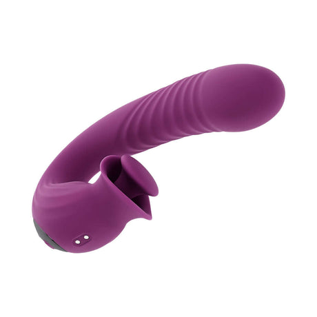 Evolved Deep Ecstasy Wild Aster G-spot Clitoral Stimulation vibrator in purple with ribbed shaft and clitoral stimulator.