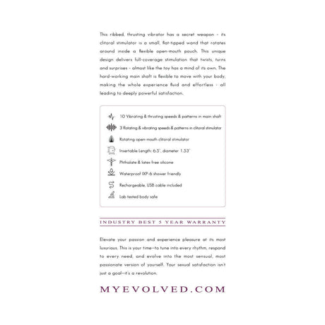 Evolved Deep Ecstasy Wild Aster G-spot Clitoral Stimulation features a thrusting shaft and rotating clitoral stimulator.