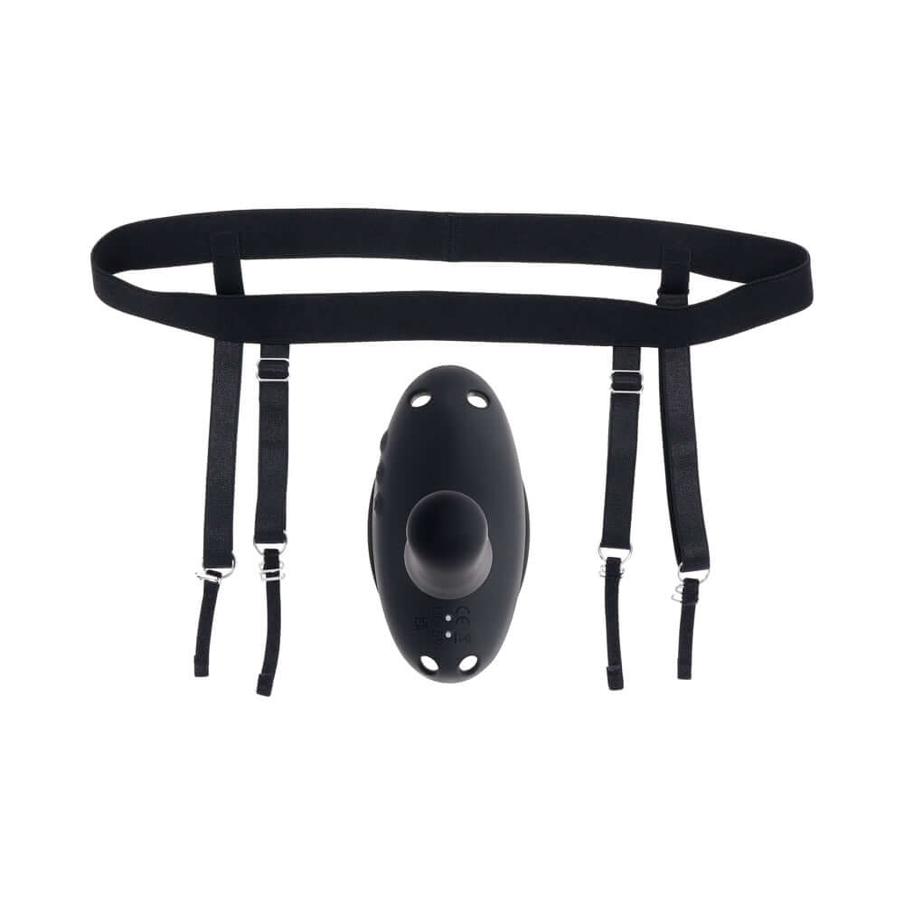 Evolved Come Closer G-spot Massager with Remote Black in black color with adjustable harness straps.