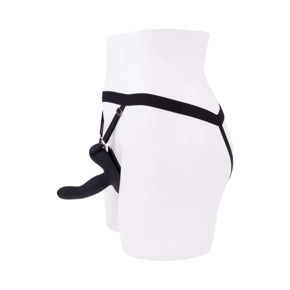 Evolved Come Closer G-spot Massager with Remote Black showcased on mannequin in black harness.