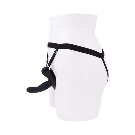 Evolved Come Closer G-spot Massager with Remote Black showcased on mannequin in black harness.