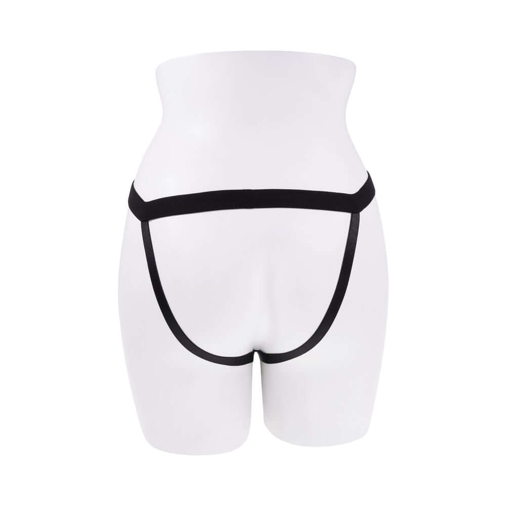 Evolved Come Closer G-spot Massager with Remote Black displayed on a mannequin with a black strap design.